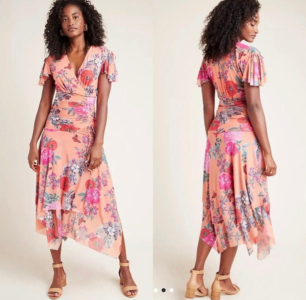Maeve Whimsigoth Floral mesh Asymmetrical Dress Butterfly Fairycore ruched